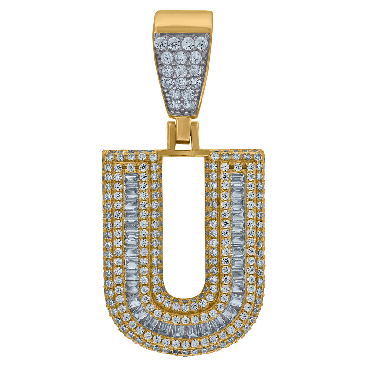 925 Sterling Silver Yellow-Tone Mens Baguette Cubic-Zirconia U Alphabet Initials Charm Pendant