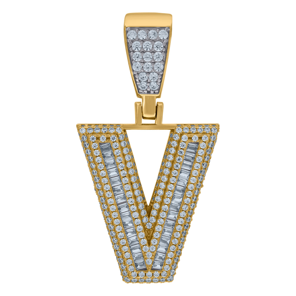 925 Sterling Silver Yellow-Tone Mens Baguette Cubic-Zirconia B Alphabet Initials Charm Pendant