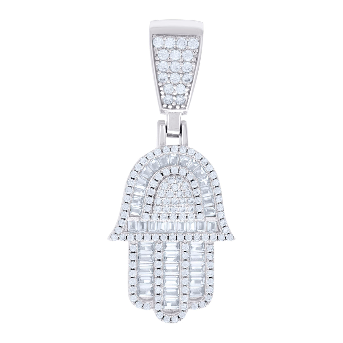 925 Sterling Silver Mens Baguette Round Cubic-Zirconia Hamsa Symbol Religious Charm Pendant