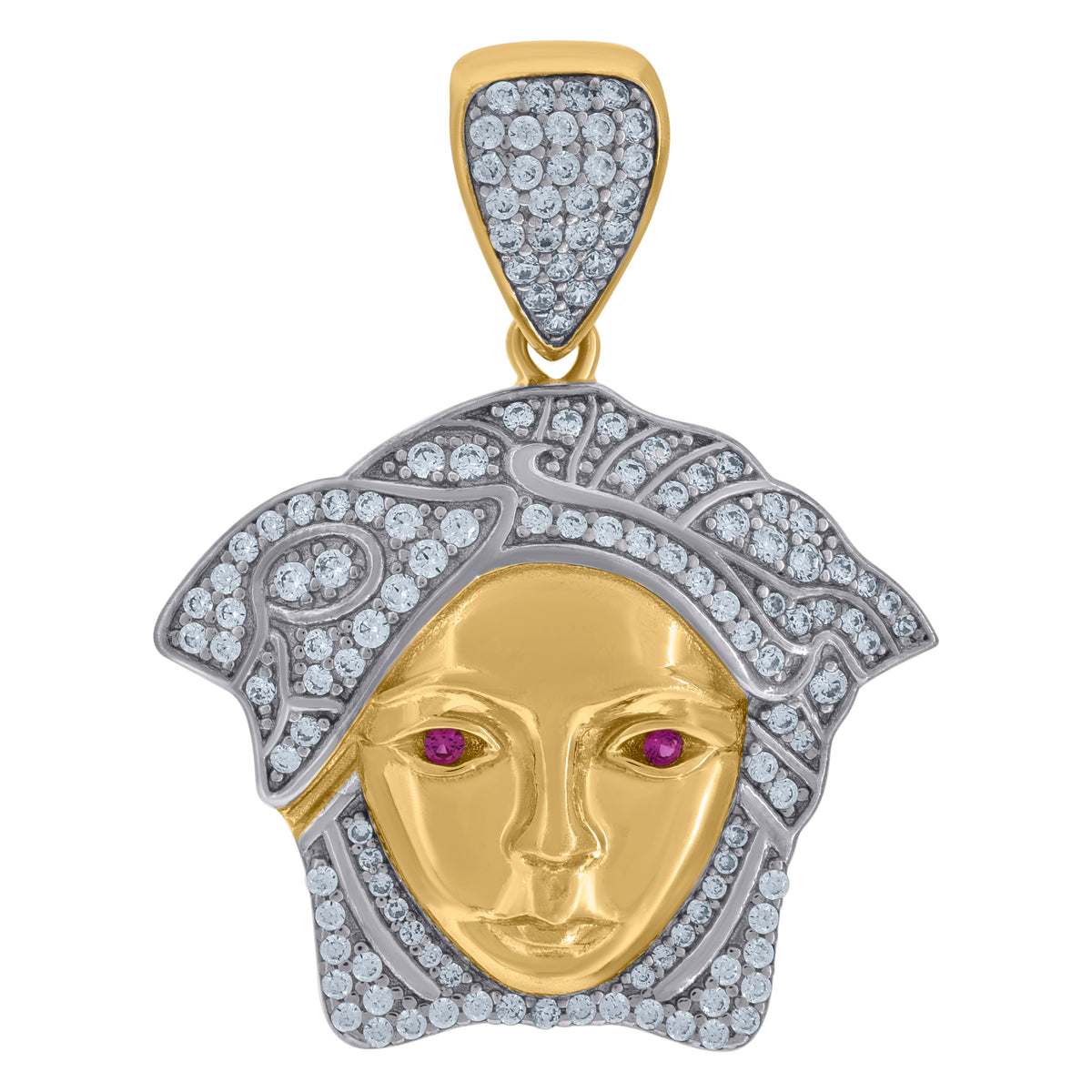 10K Two-tone Gold Mens Purple White Cubic-Zirconia Medusa Egyptian Fashion Charm Pendant
