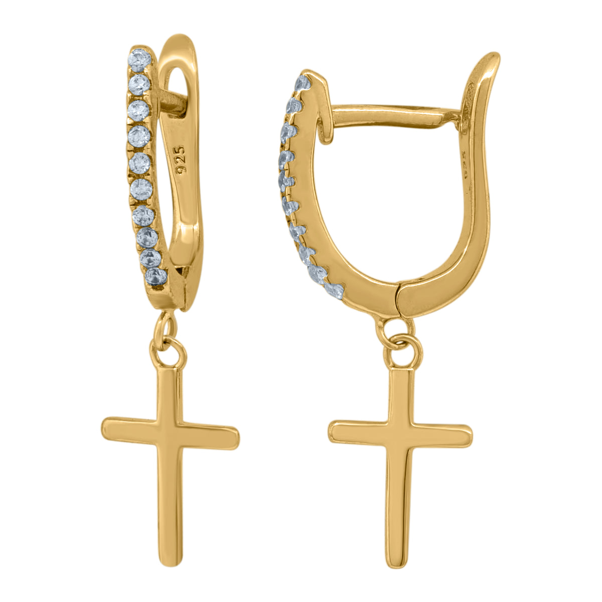 925 Sterling Silver Yellow-Tone Unisex Cubic-Zirconia Cross Religious Dangle Hoop Earrings