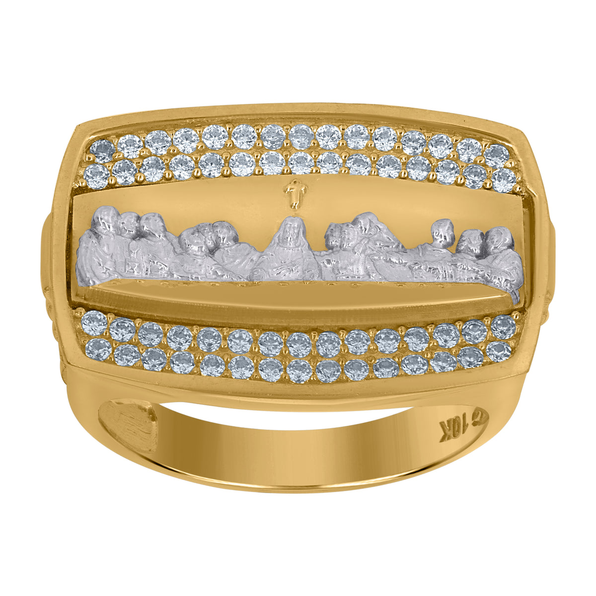 10K Two-Tone Gold Mens Cubic-Zirconia Last Supper Religious Ring