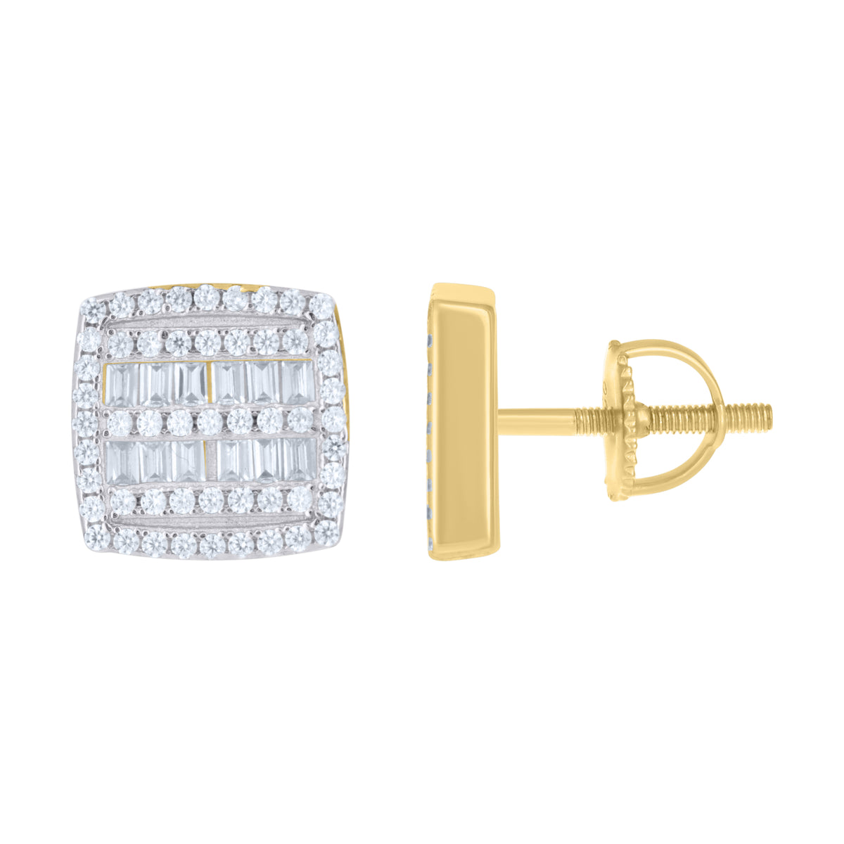 925 Sterling Silver Yellow-Tone Unisex Baguette Cubic-Zirconia Square Fashion Stud Earrings