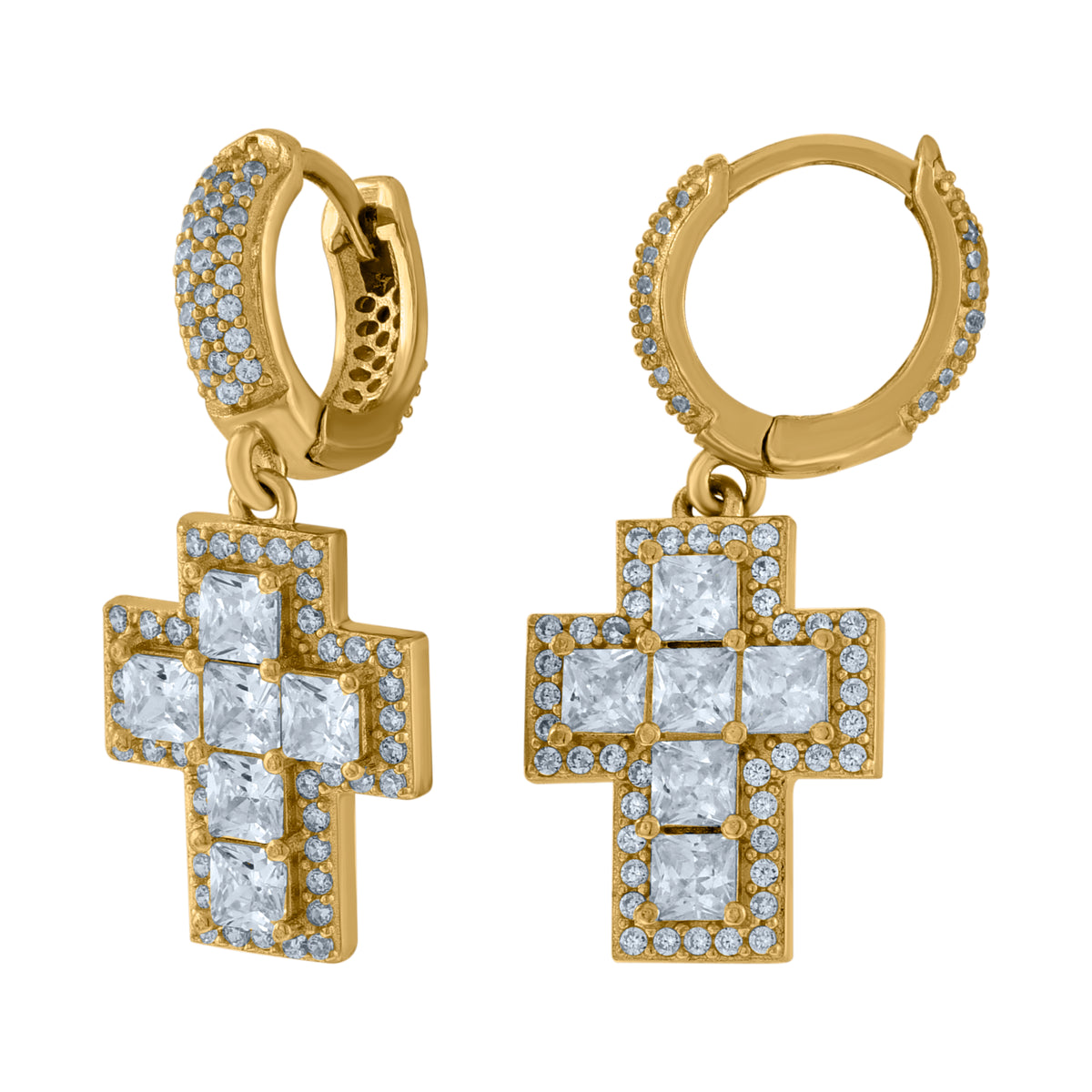 925 Sterling Silver Yellow-Tone Unisex Princess-Cut Cubic-Zirconia Cross Religious Dangle Hoop Earrings