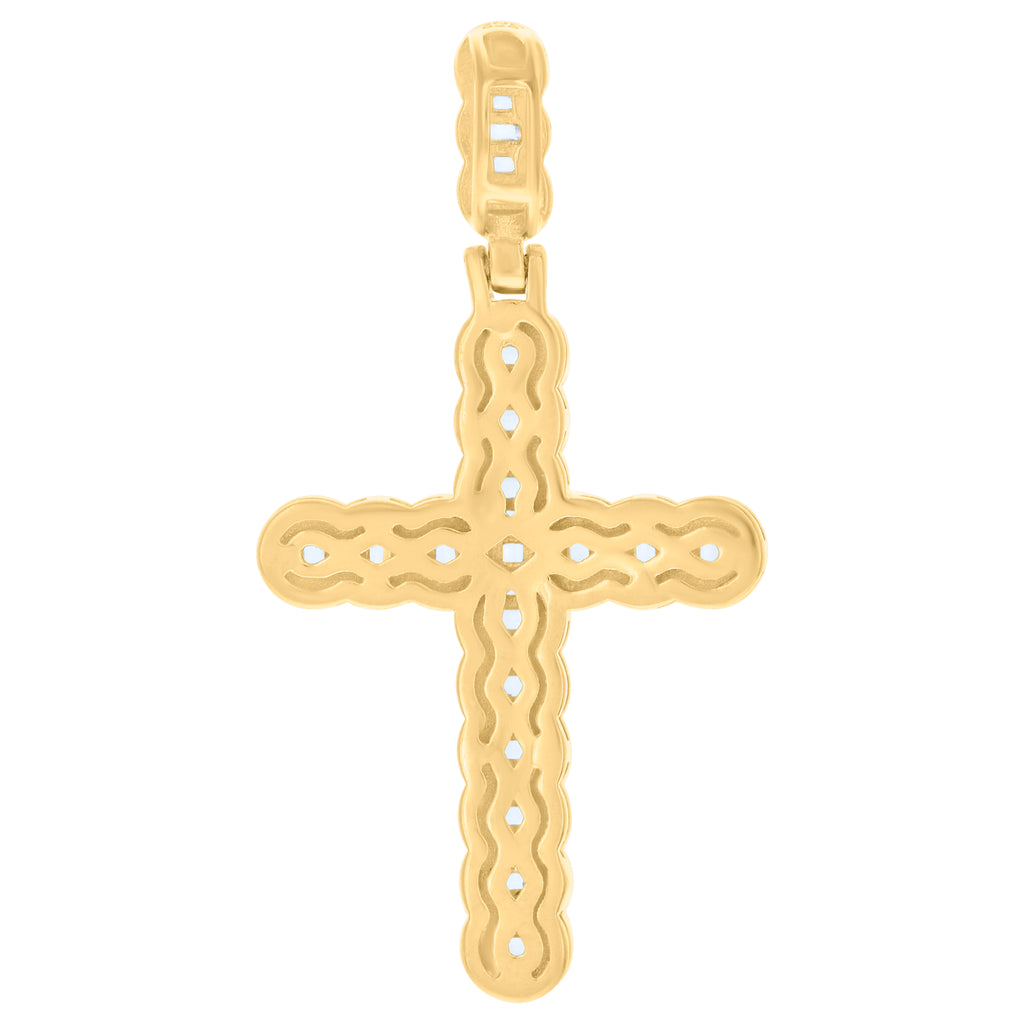 925 Sterling Silver Yellow-Tone Men Baguette Round Cubic-Zirconia Cross Religious Charm Pendant