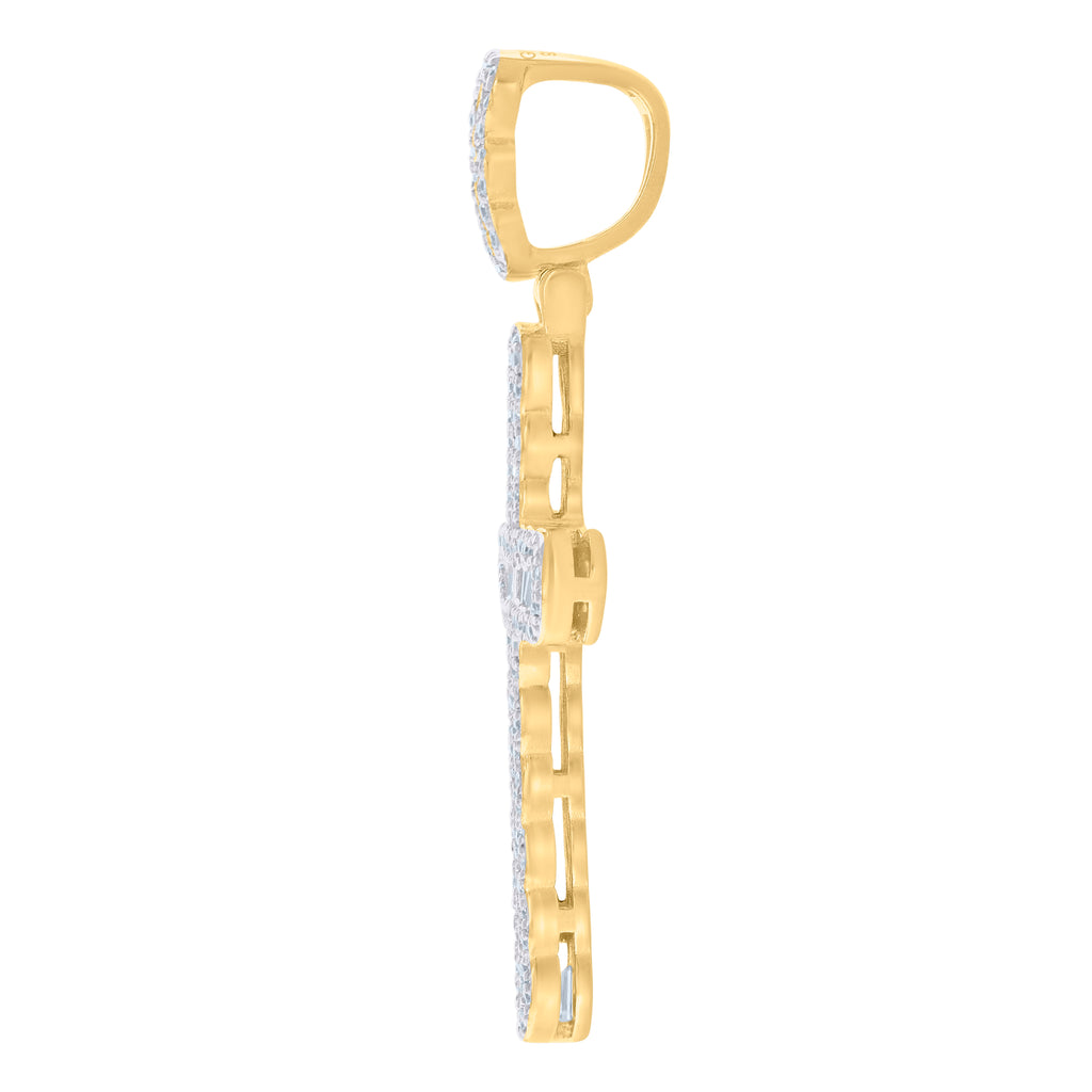 925 Sterling Silver Yellow-Tone Men Baguette Round Cubic-Zirconia Cross Religious Charm Pendant