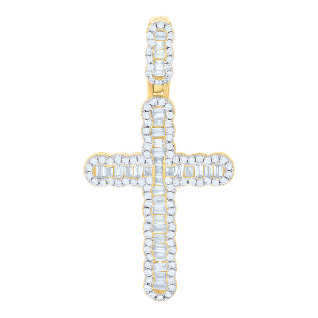 925 Sterling Silver Yellow-Tone Men Baguette Round Cubic-Zirconia Cross Religious Charm Pendant