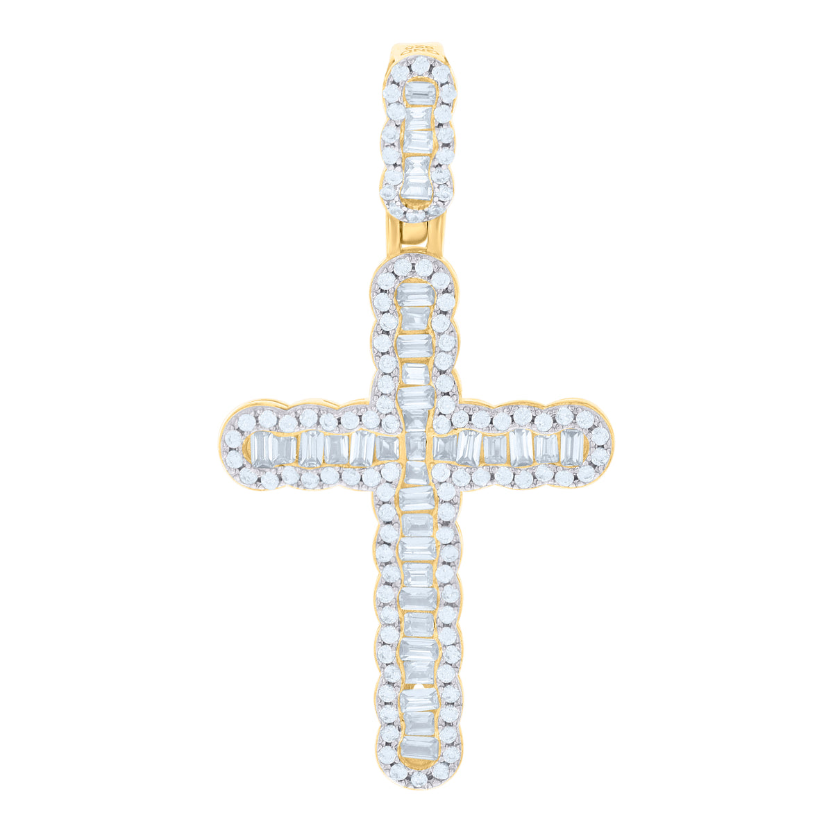 925 Sterling Silver Yellow-Tone Men Baguette Round Cubic-Zirconia Cross Religious Charm Pendant