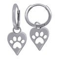 925 Sterling Silver Womens Paw Print Heart Dangle Hoop Earrings