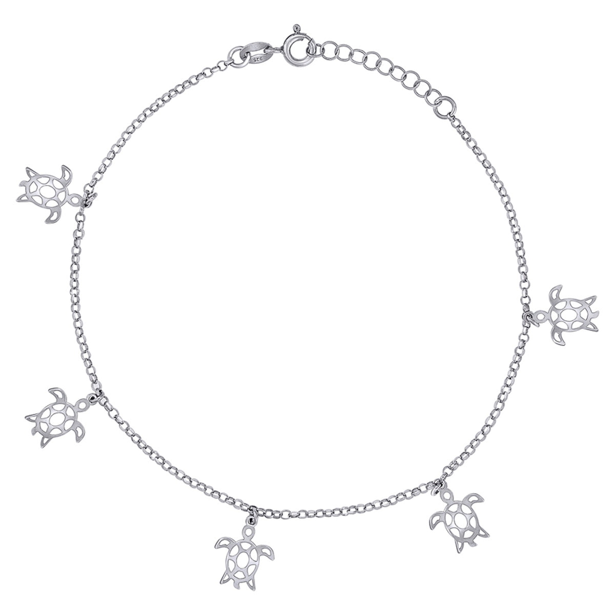 925 Sterling Silver Womens Ocean Life Turtle Charms Anklet Size 10 Inches
