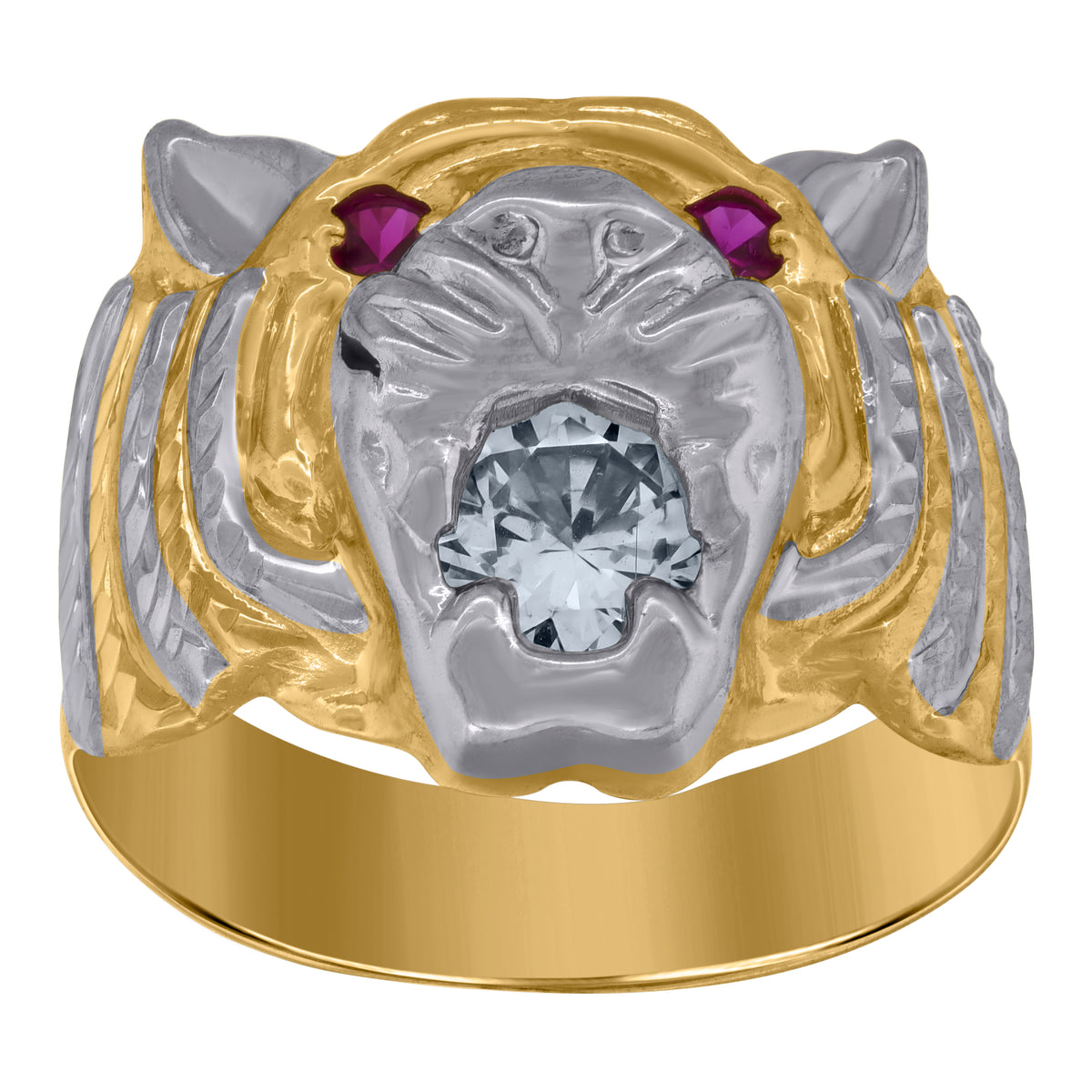 10K Two-Tone Gold Mens White Pink Cubic Zirconia Tiger Animal Ring