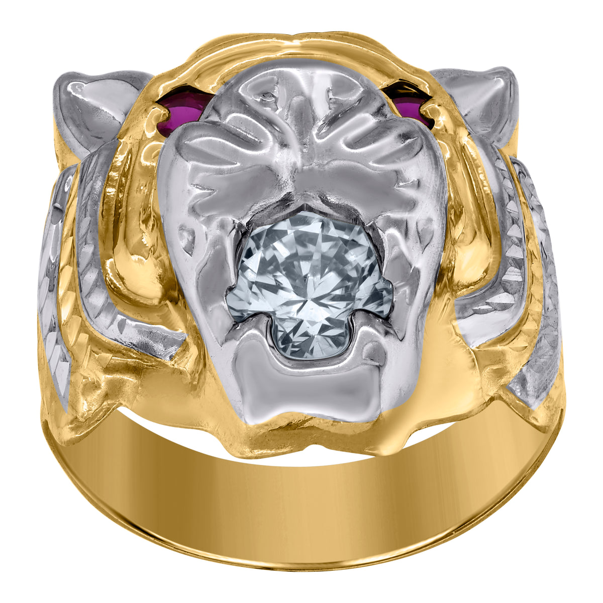 10K Two-Tone Gold Mens White Pink Cubic Zirconia Tiger Animal Ring