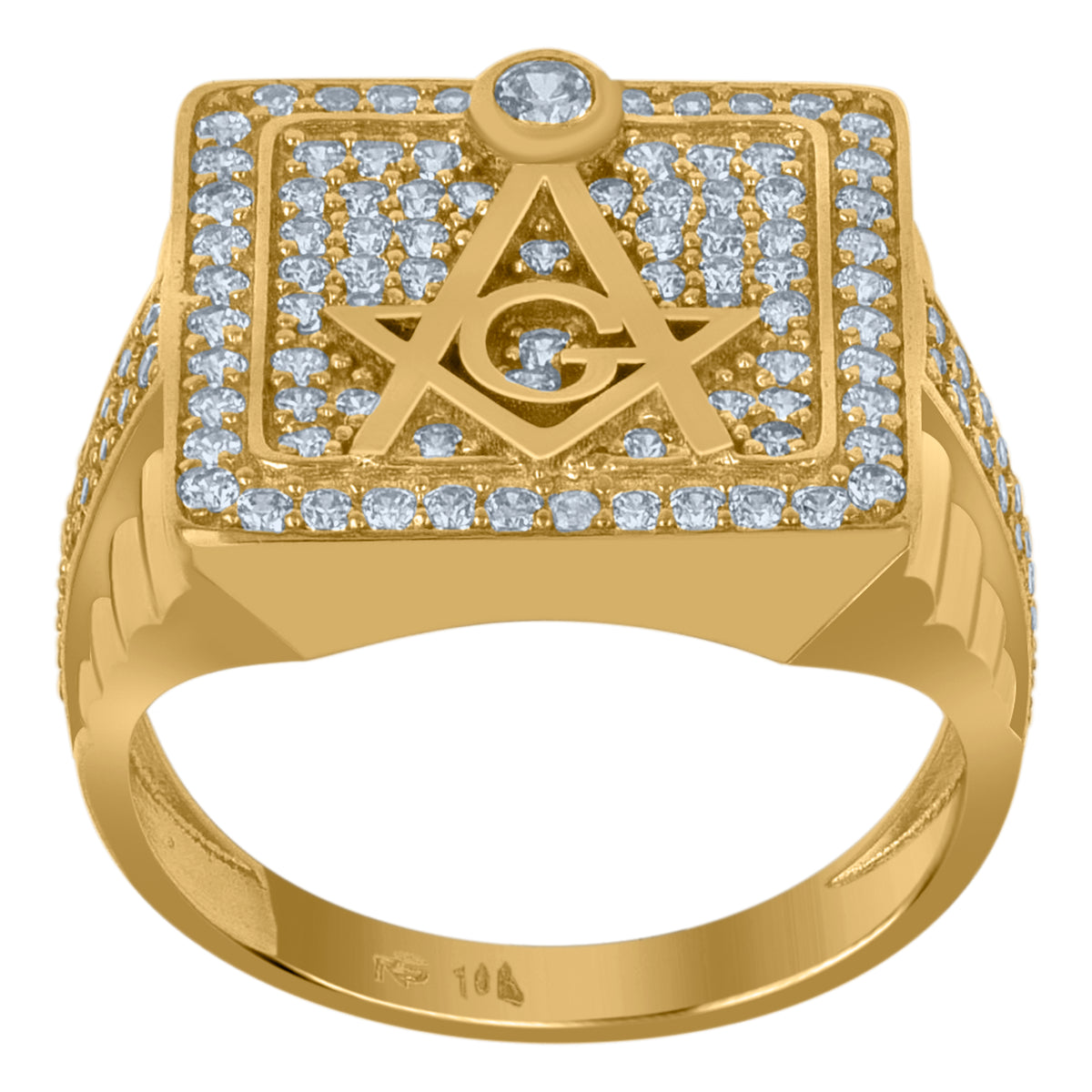 10K Yellow Gold Mens Cubic Zirconia Masonic Freemasonry Occupation Ring