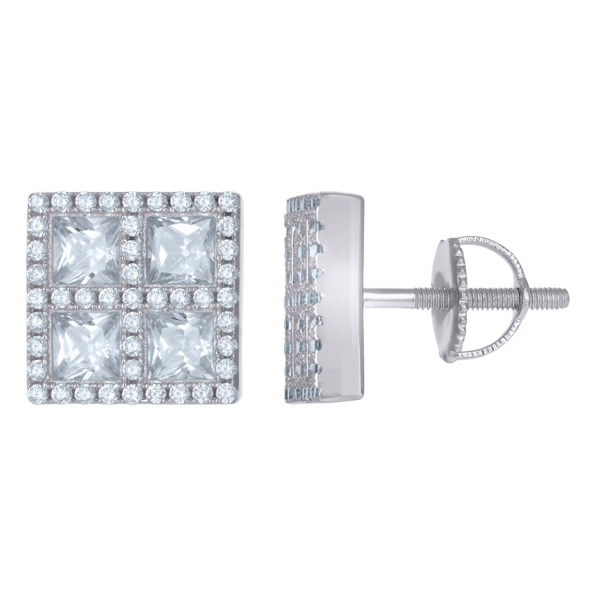 925 Sterling Silver Unisex Princess-Cut Cubic-Zirconia Square Fashion Stud Earrings