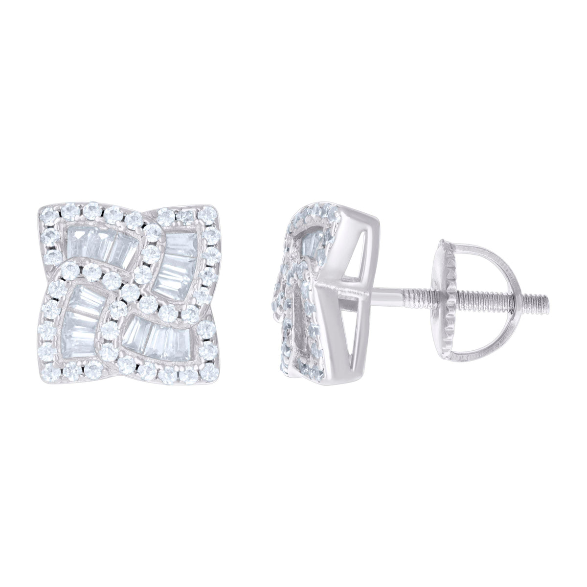 925 Sterling Silver Unisex Baguette Cubic-Zirconia Fashion Stud Earrings