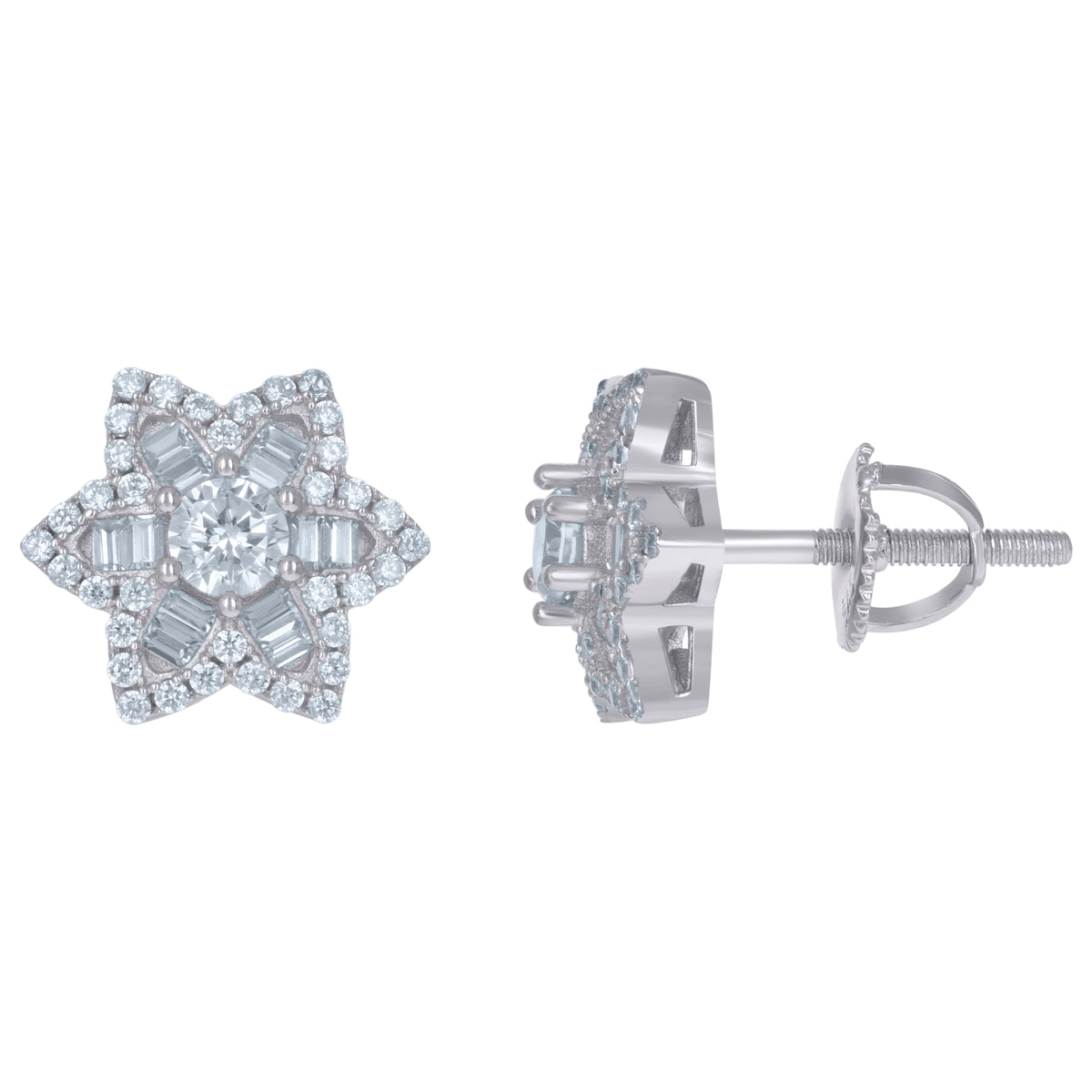 925 Sterling Silver Unisex Baguette Cubic-Zirconia Star Fashion Stud Earrings