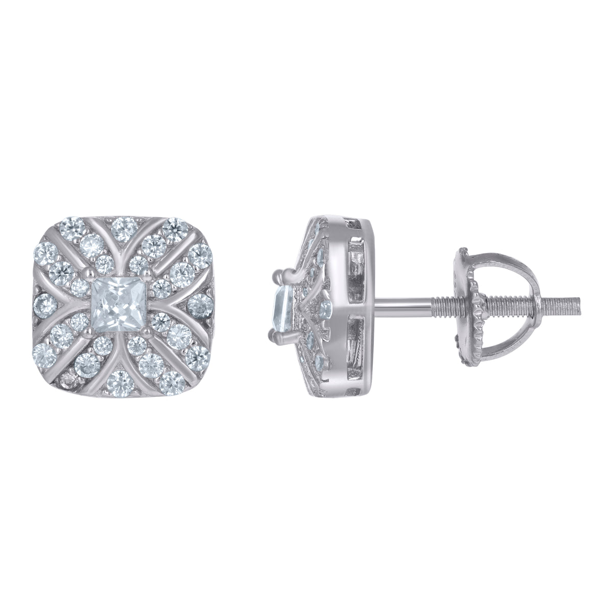 925 Sterling Silver Unisex Princess-Cut Cubic-Zirconia Square Fashion Stud Earrings