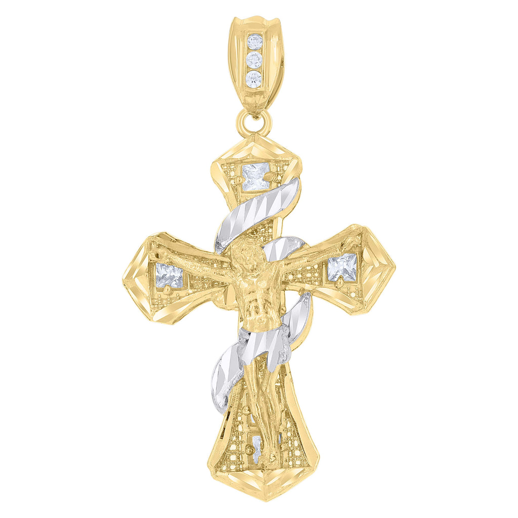 10K Two-Tone Gold Mens Princess Cut Cubic-Zirconia Religious Cross Crucifix Charm Pendant