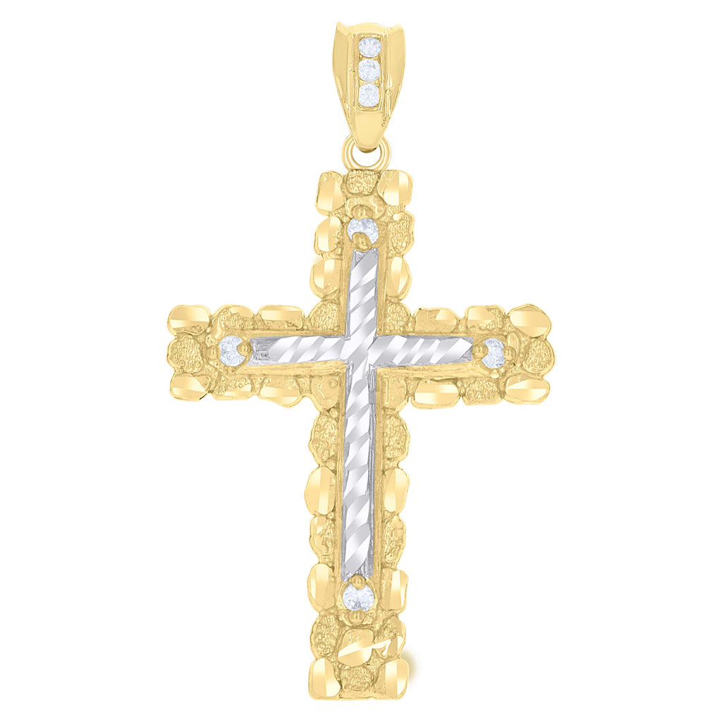 10K Two-Tone Gold Mens Cubic-Zirconia Religious Cross Charm Pendant