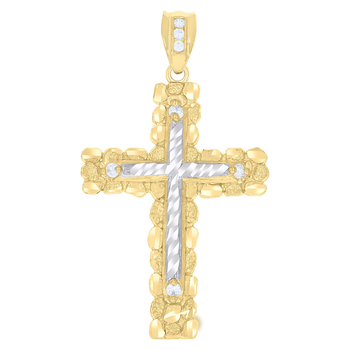10K Two-Tone Gold Mens Cubic-Zirconia Religious Cross Charm Pendant