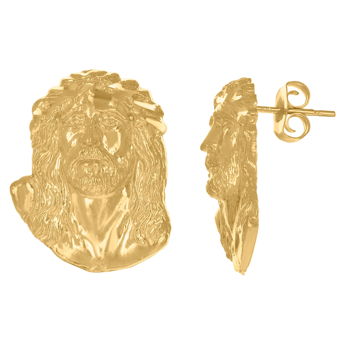 10K Yellow Gold Mens Religious Jesus Stud Earrings