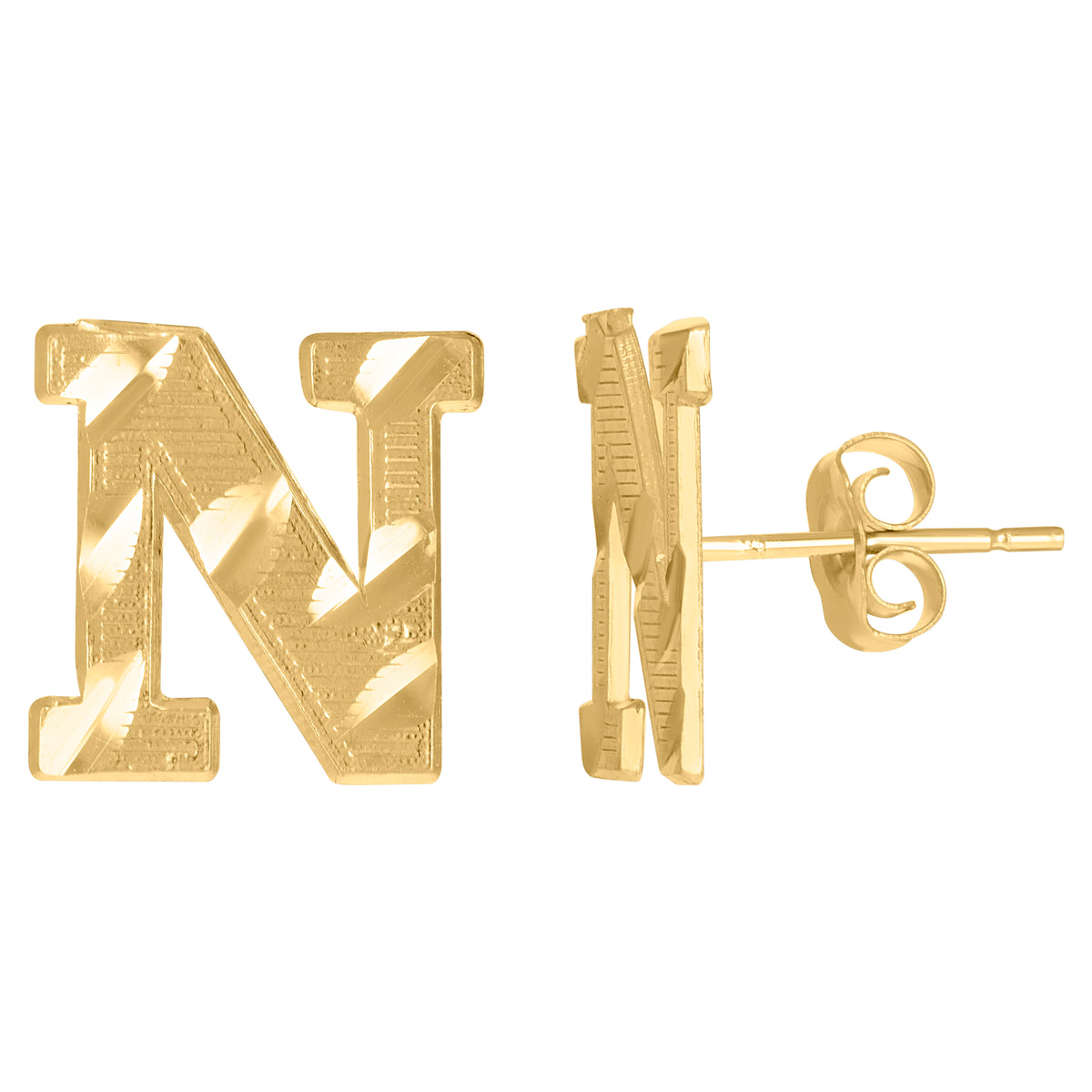 10K Yellow Gold Mens Initials Letter N Stud Earrings