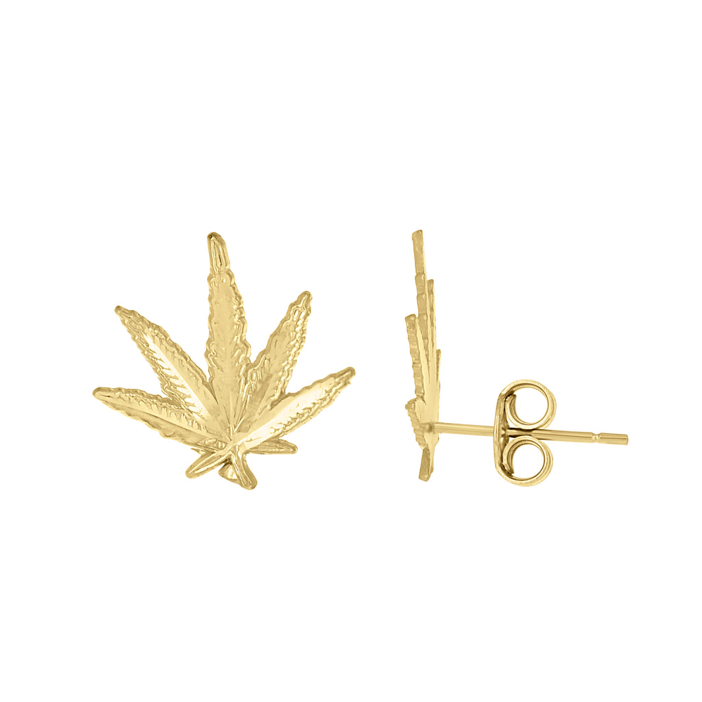 10K Yellow Gold Mens Marijuana Leaf Stud Earrings