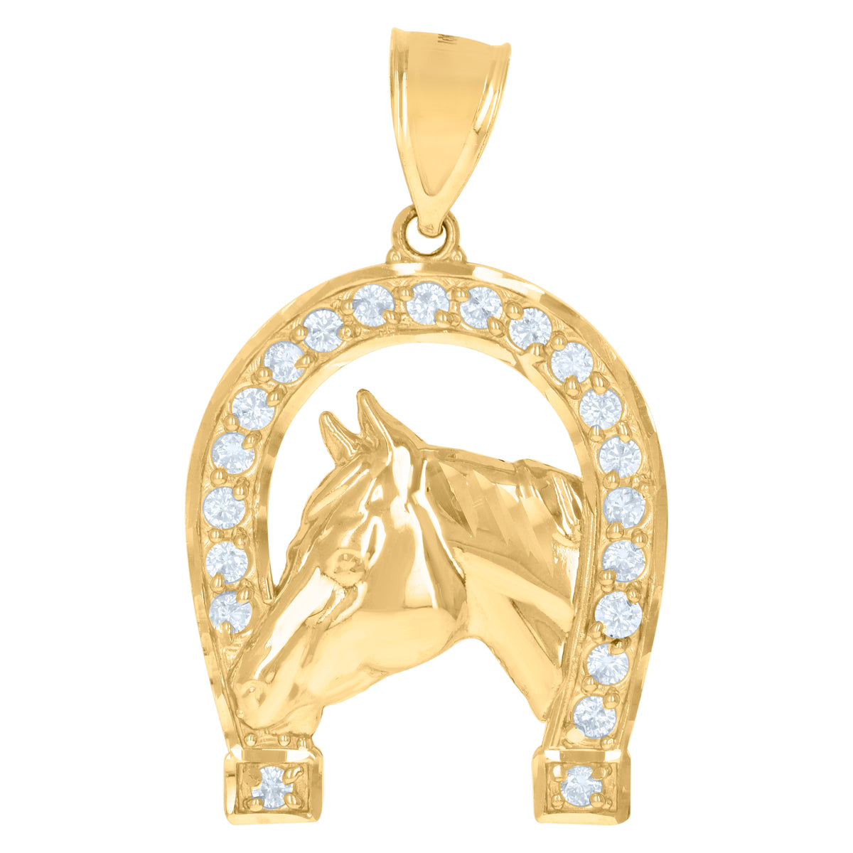 10K Yellow Gold Mens Cubic-Zirconia Horse Head Horseshoe Good Luck Charm Pendant