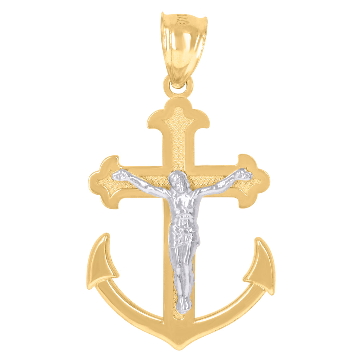 10K Two-Tone Gold Mens Crucifix Anchor Religious Charm Pendant