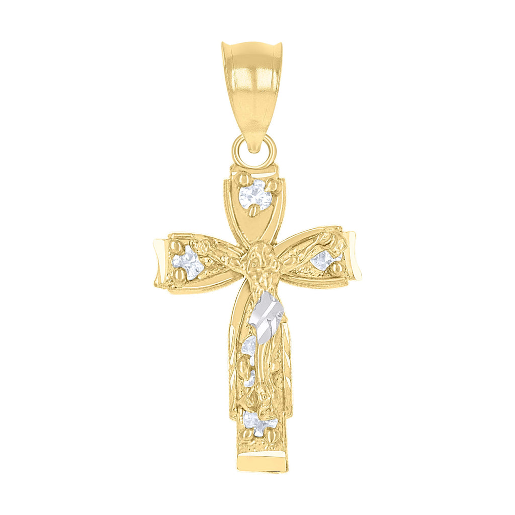10K Two-Tone Gold Unisex Cubic-Zirconia Crucifix Cross Religious Charm Pendant