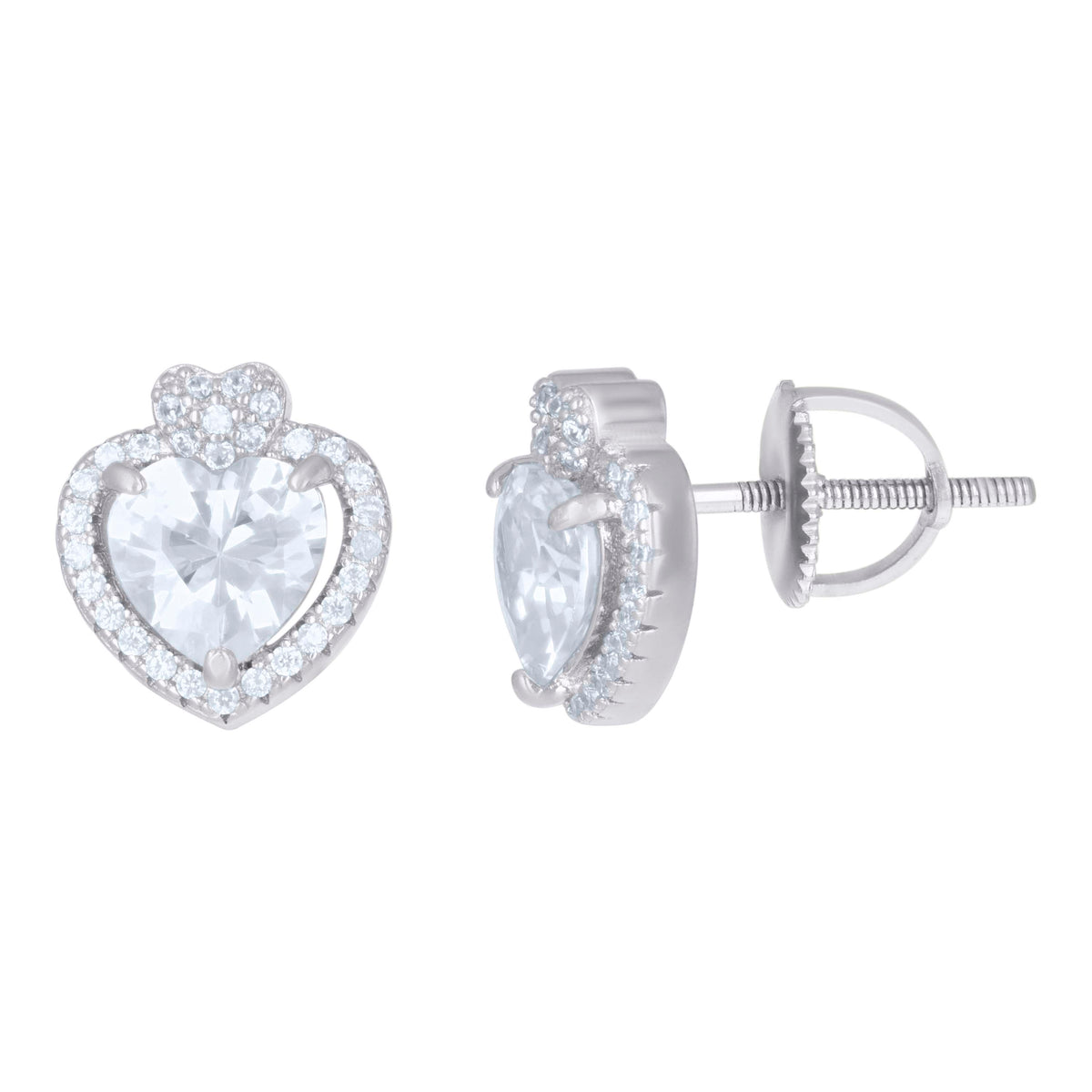 925 Sterling Silver Womens Heart Round Cubic-Zirconia Heart Stud Earrings