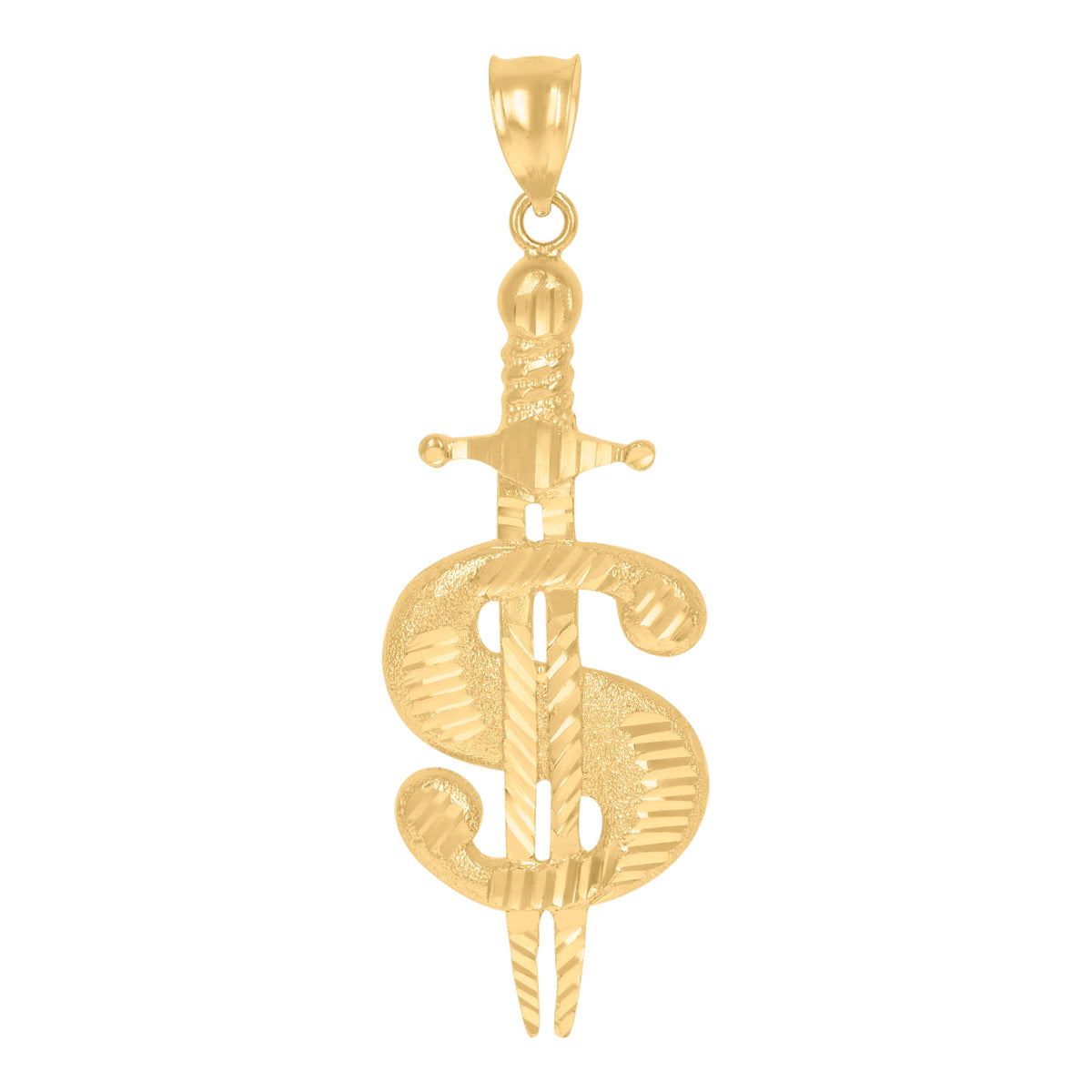 10K Yellow Gold Mens Sword Dollar Sign Currency Charm Pendant