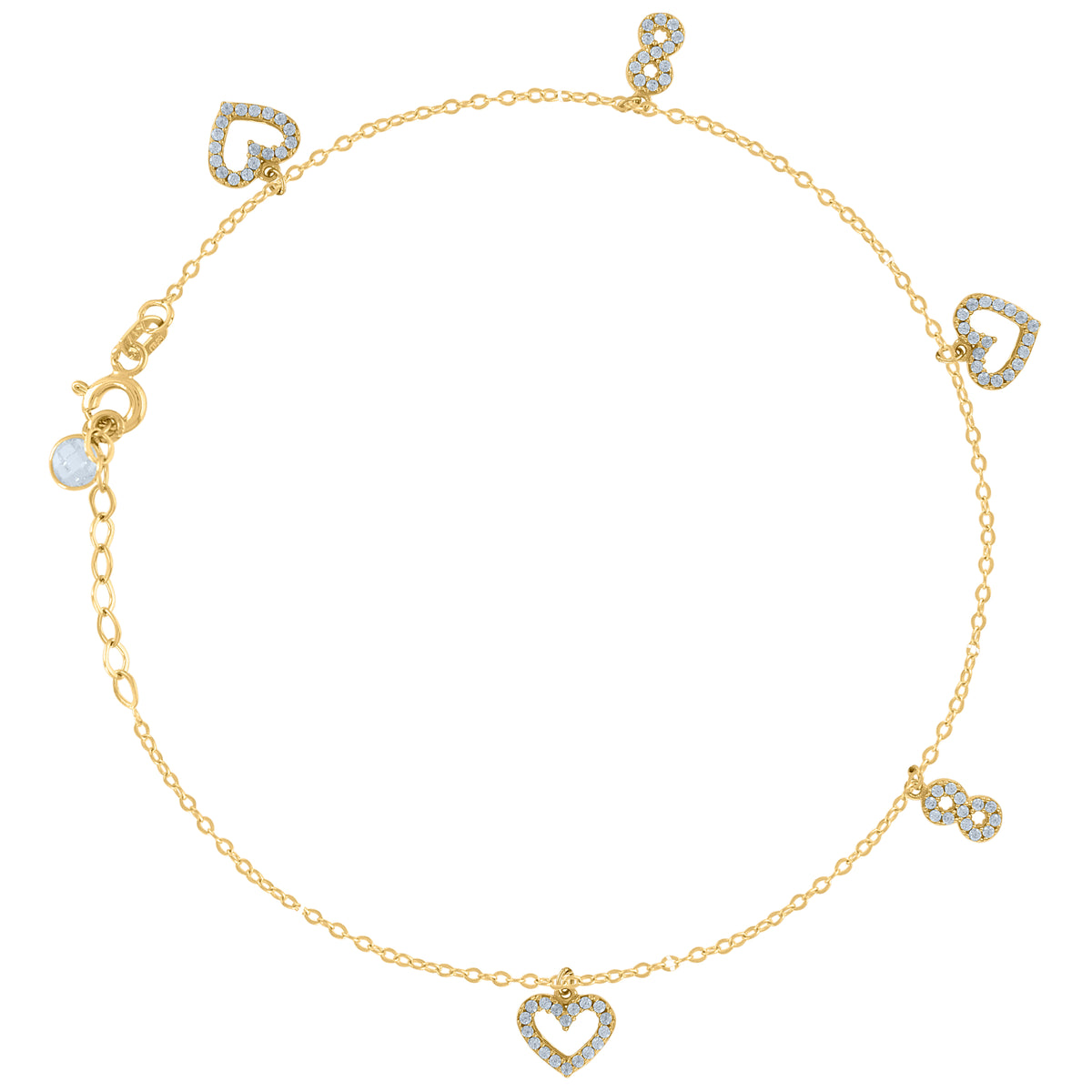 10K Yellow Gold Womens Cubic-Zirconia Heart & Infinity Charm Anklet Size 10 Inches