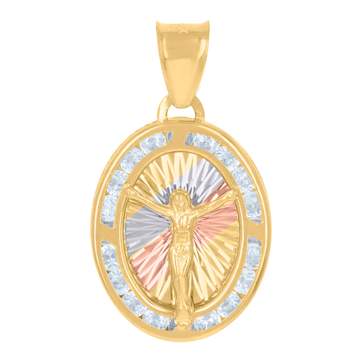 10K Tri-Color Gold Womens Cubic-Zirconia Crucifix Jesus Religious Charm Pendant