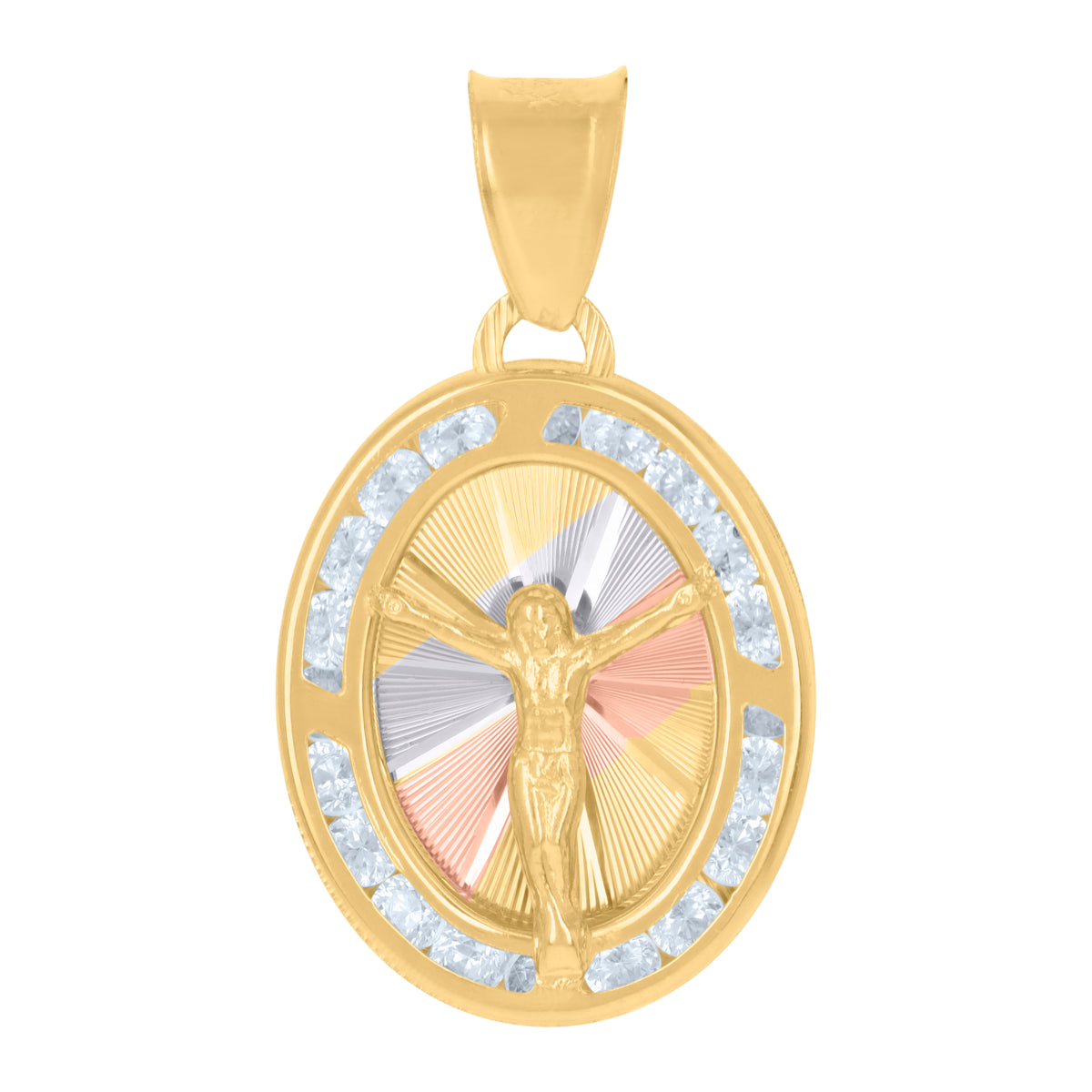 10K Tri-Color Gold Womens Cubic-Zirconia Crucifix Jesus Religious Charm Pendant