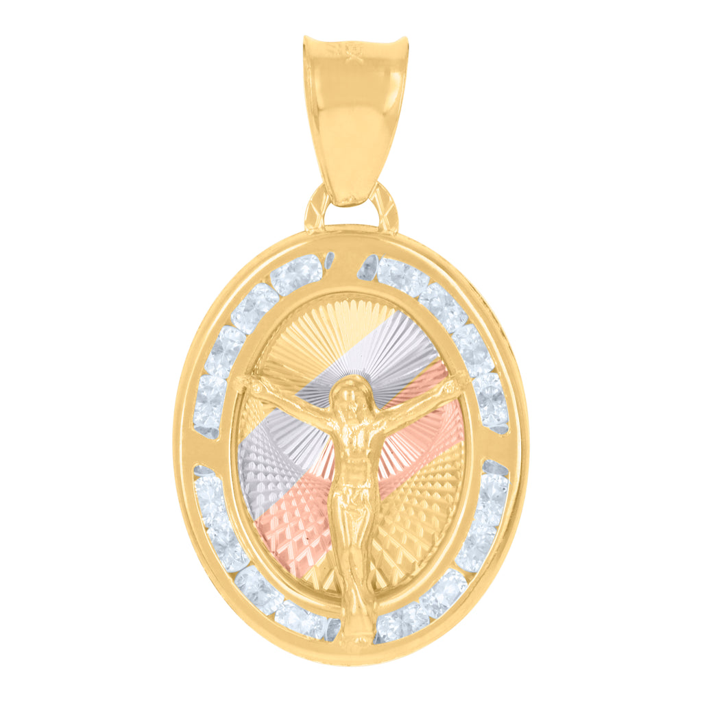 10K Tri-Color Gold Womens Cubic-Zirconia Crucifix Jesus Religious Charm Pendant