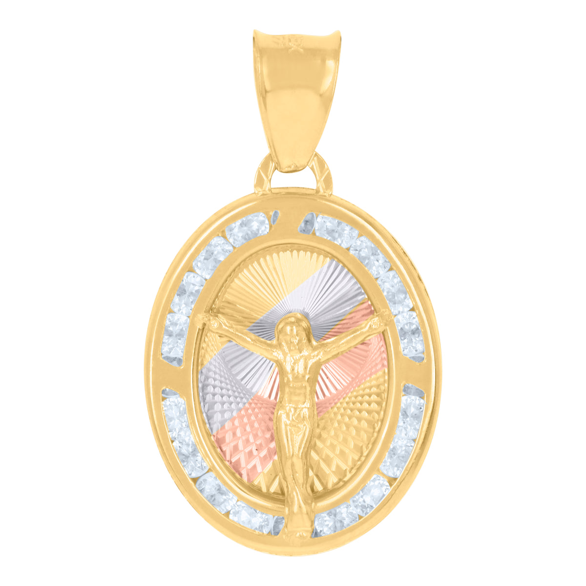 10K Tri-Color Gold Womens Cubic-Zirconia Crucifix Jesus Religious Charm Pendant