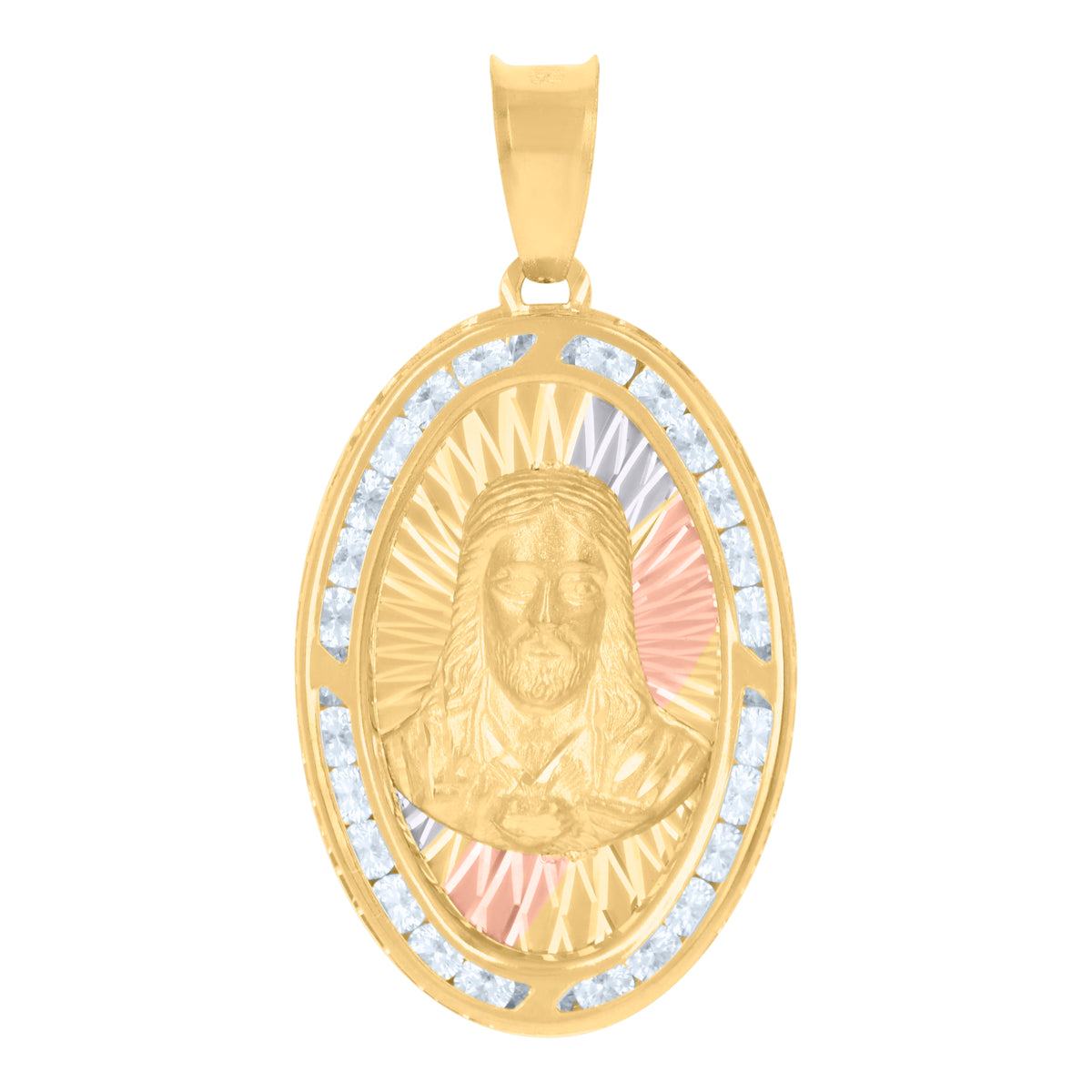 10K Tri-Color Gold Mens Cubic-Zirconia Jesus Religious Charm Pendant