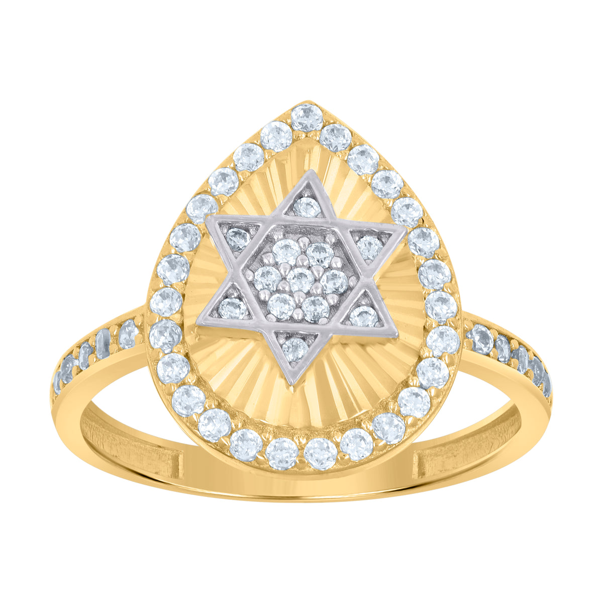 10K Two-Tone Gold Womens Cubic-Zirconia Tear Drop Star Of David Symbols Religious Ring