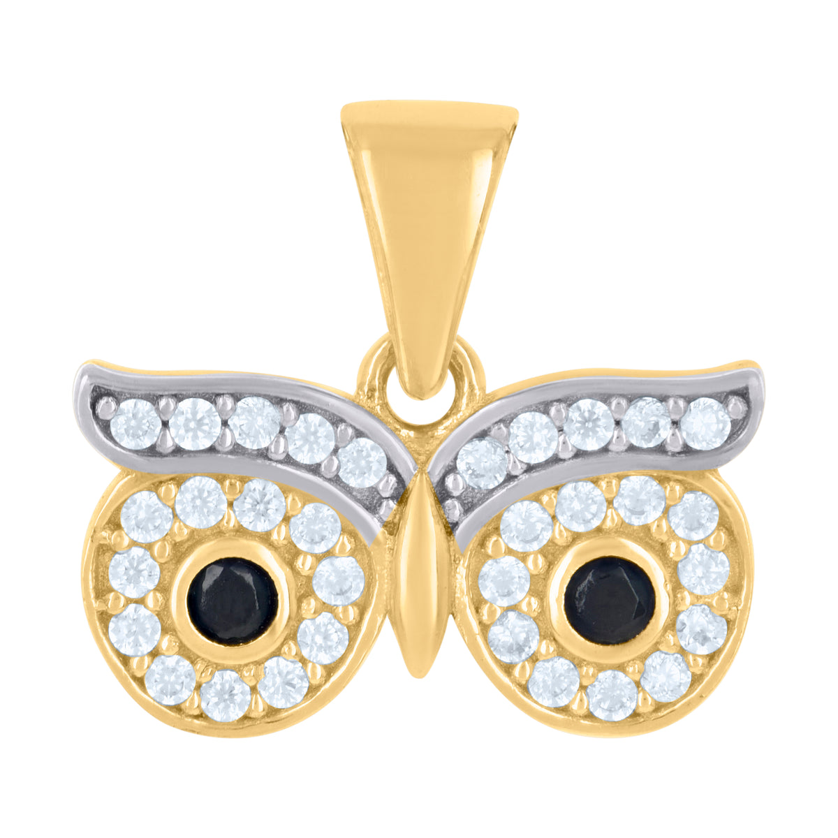10K Two-tone Gold Womens Black White Cubic-Zirconia Owl Eyes Bird Wildlife Charm Pendant
