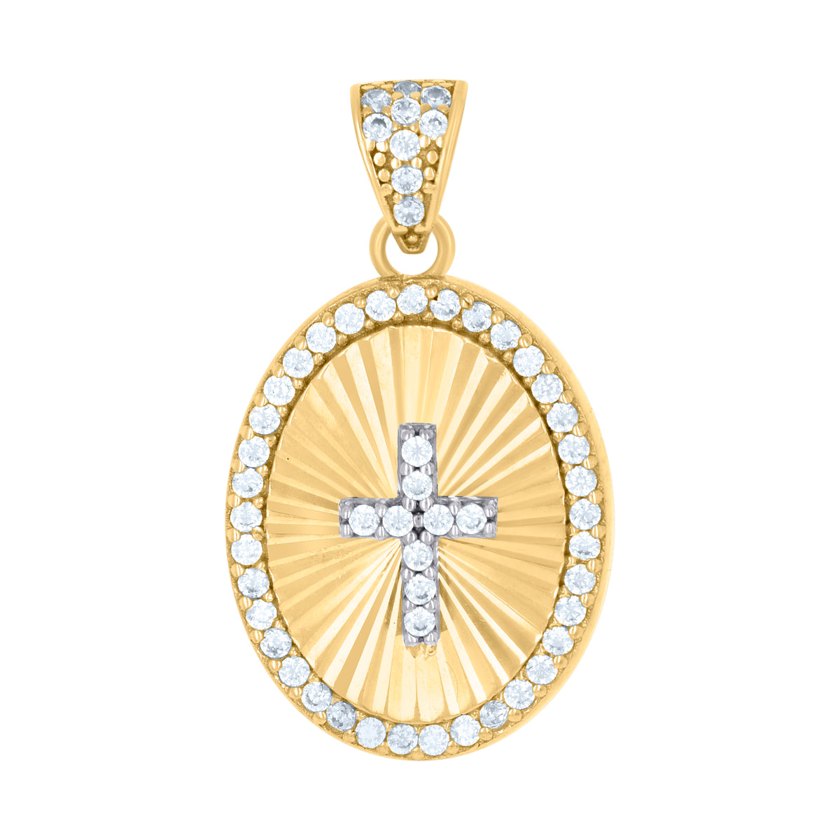10K Two-tone Gold Womens Cubic-Zirconia Oval Medallion Cross Religious Charm Pendant