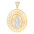10K Two-tone Gold Unisex Cubic-Zirconia Greek Key Border Oval Medallion Guadalupe Religious Charm Pendant