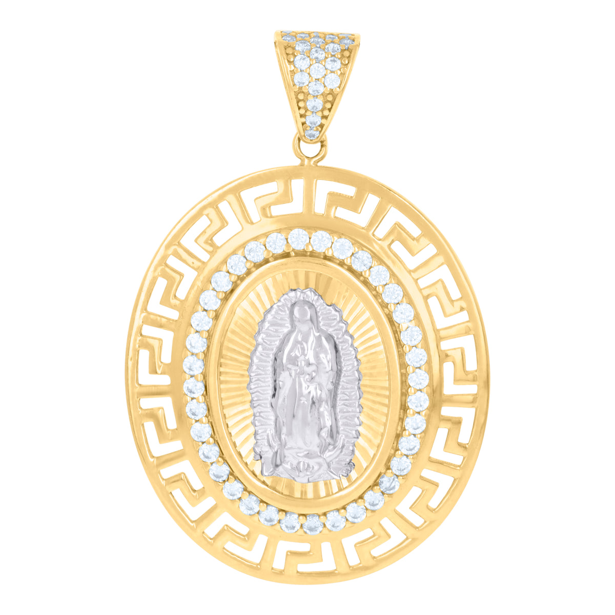 10K Two-tone Gold Unisex Cubic-Zirconia Greek Key Border Oval Medallion Guadalupe Religious Charm Pendant