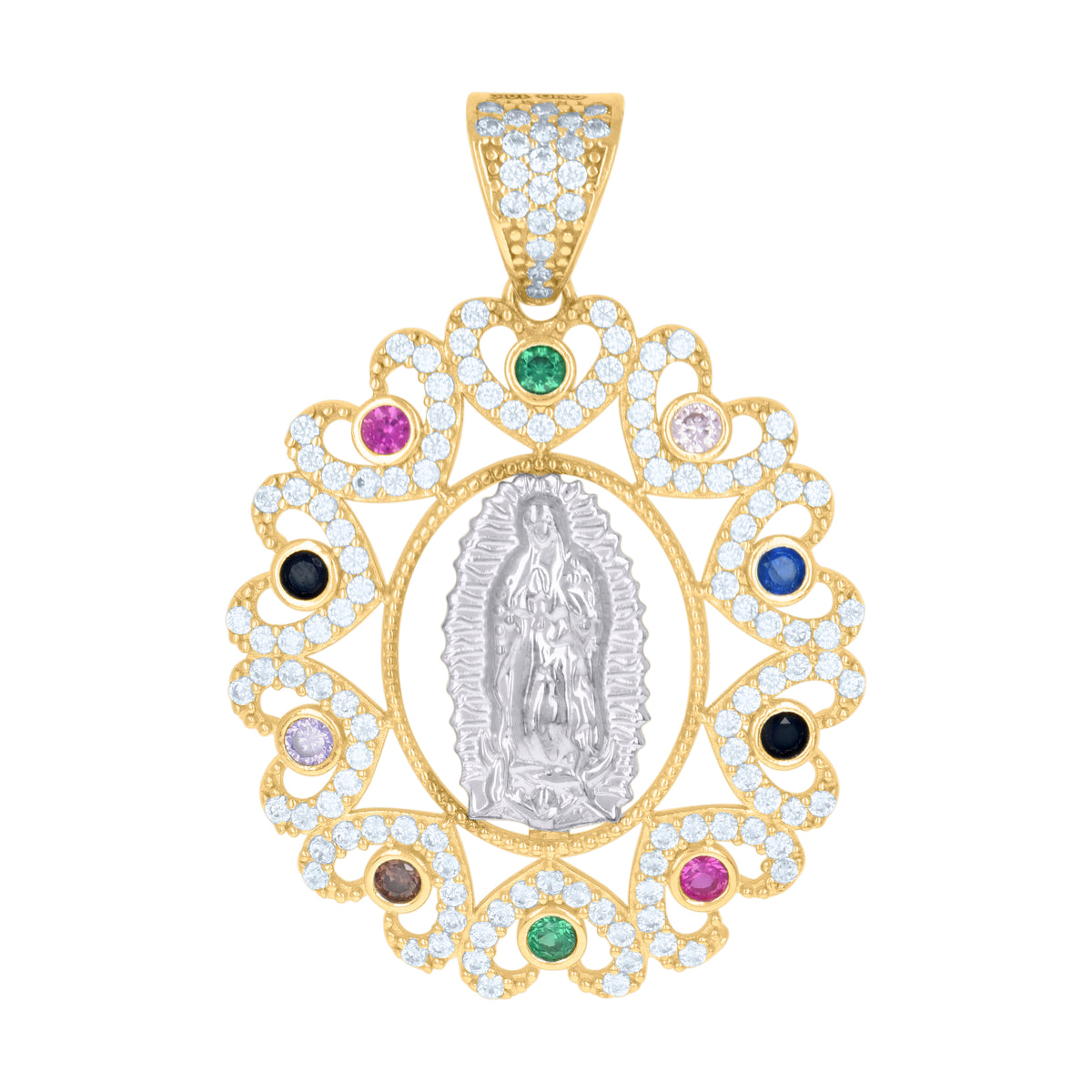 10K Two-tone Gold Womens Multi-color Cubic-Zirconia Oval Medallion Guadalupe Religious Charm Pendant
