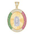 10K Two-tone Gold Mens Pink/Green Cubic-Zirconia Oval Medallion Guadalupe Religious Charm Pendant