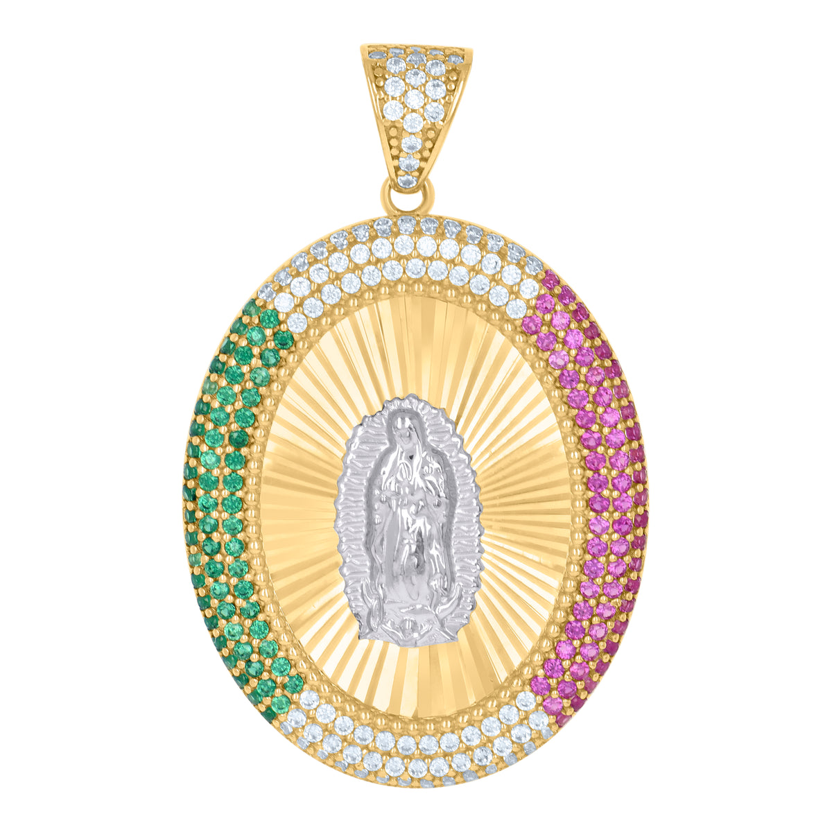 10K Two-tone Gold Mens Pink/Green Cubic-Zirconia Oval Medallion Guadalupe Religious Charm Pendant