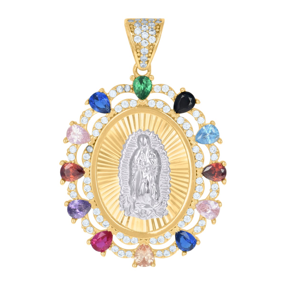 10K Two-tone Gold Womens Multi-color Pear Round Cubic-Zirconia Oval Medallion Guadalupe Religious Charm Pendant