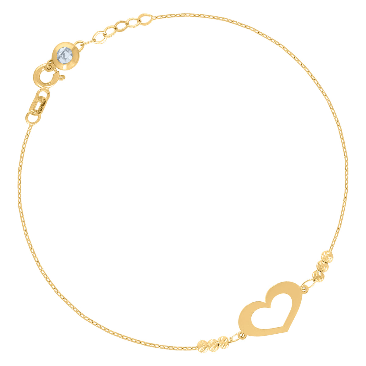 10K Yellow Gold Womens Cubic-Zirconia Heart Beaded Charm 8" Bracelet