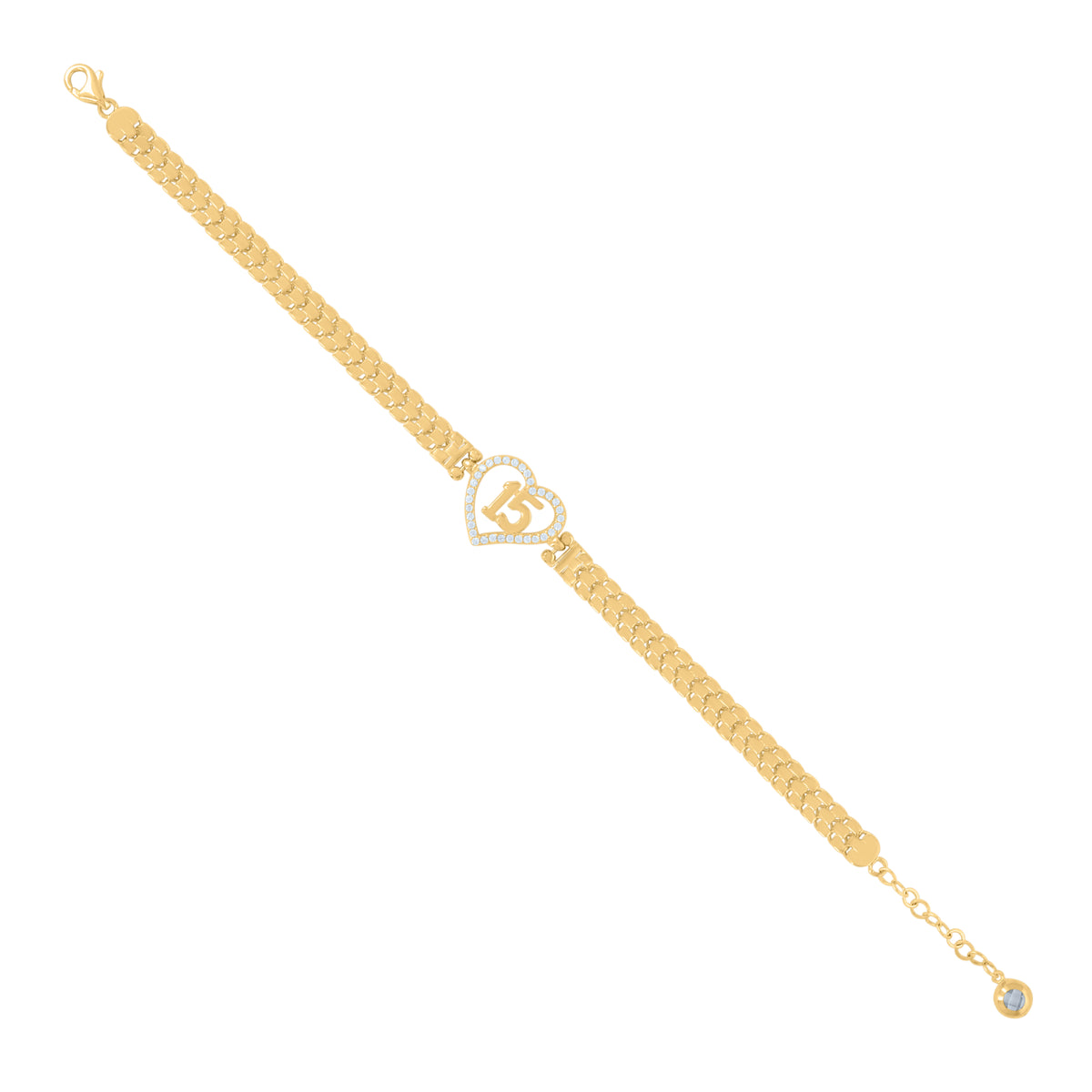 10K Yellow Gold Womens Cubic-Zirconia Quinceanera Sweet 15 Heart Charm Bracelet Size 8 Inches