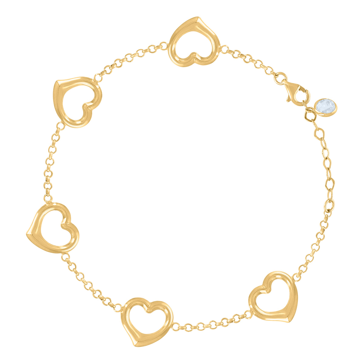 10K Yellow Gold Womens Cubic-Zirconia Heart Link Charm 8" Bracelet